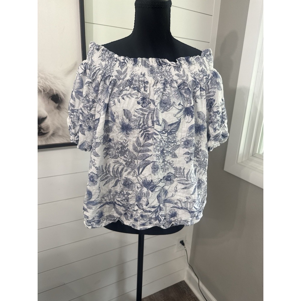 CeCe Women's Off Shoulder Blouse Blue White Floral Puff Sleeve Linen Blend L
